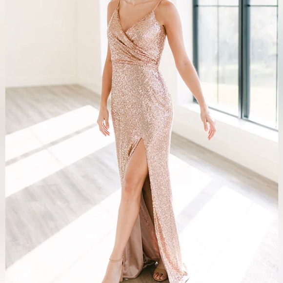 Rose Gold Sequins Dress with slit - Picture 1 of 4